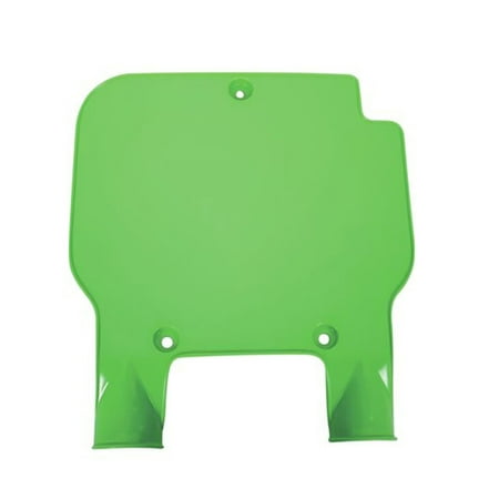 Bright green plastic front number board designed for Kawasaki KX 125/250 (1989-1995) and KX500 (1989-1995), featuring cutouts for mounting.