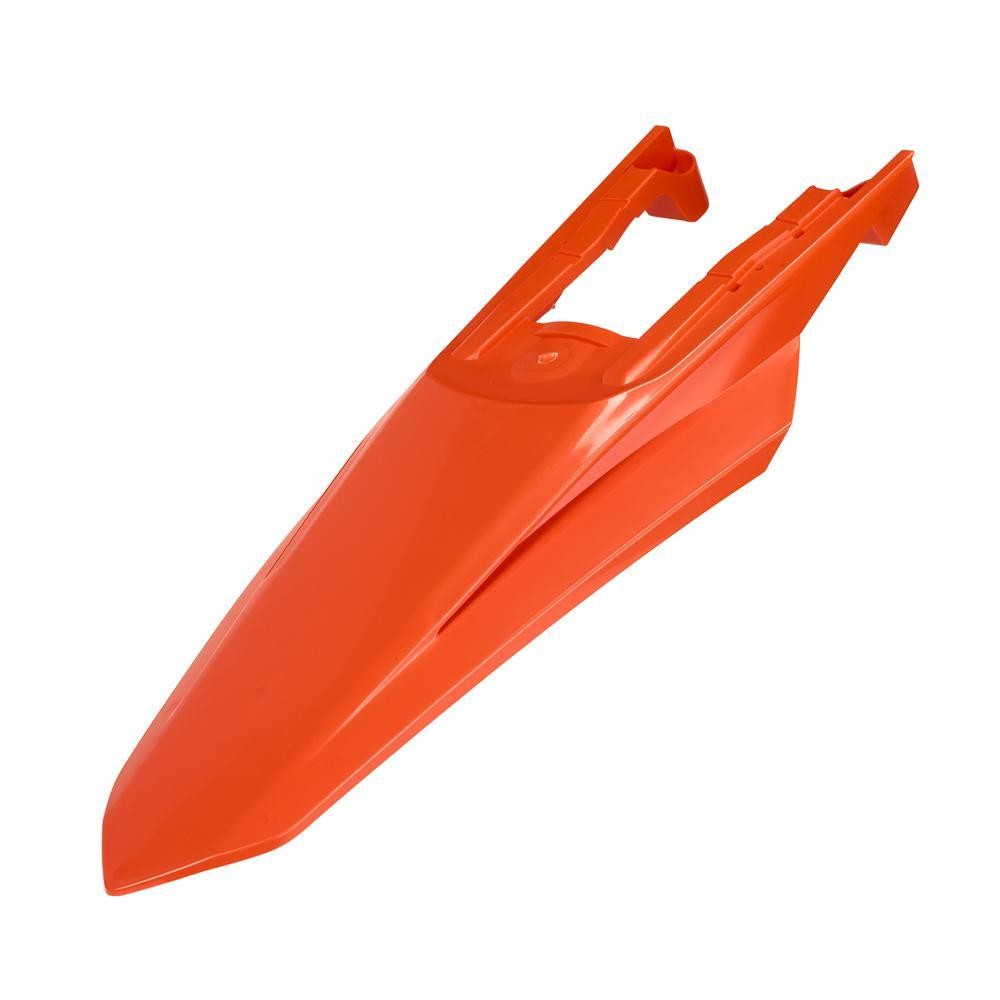 Polisport rear fender in vibrant orange, designed for KTM SX 125/250/300 and SXF 250/350/450 models from 2023 to 2025, featuring a sleek, aerodynamic shape.