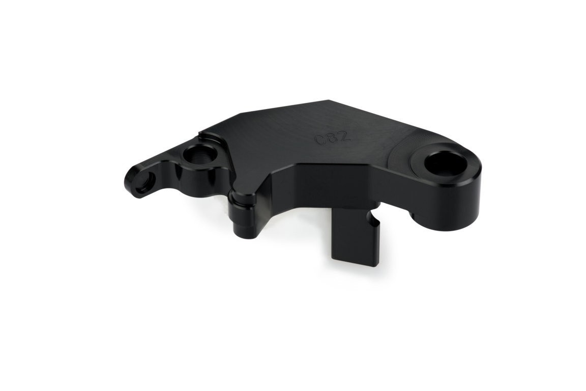 Black Puig clutch lever adaptor for Yamaha MT-07, featuring a sleek, angular design with precision machining and two mounting holes for easy installation.
