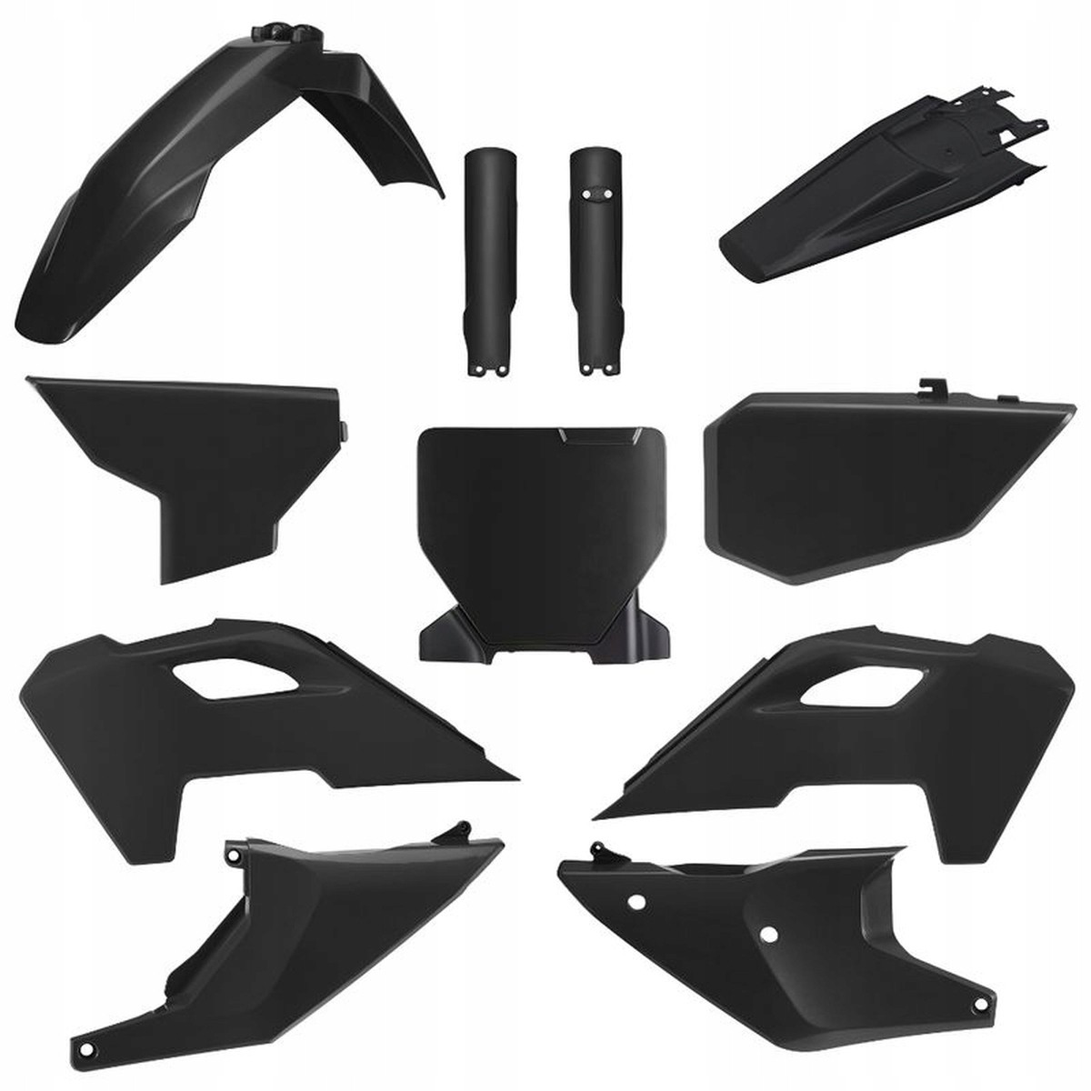 Black plastic bodywork kit for Husqvarna TC250 & FC 250/350 (2023-2024), featuring multiple panels including fenders, side covers, and a rear panel, designed for durability and style.
