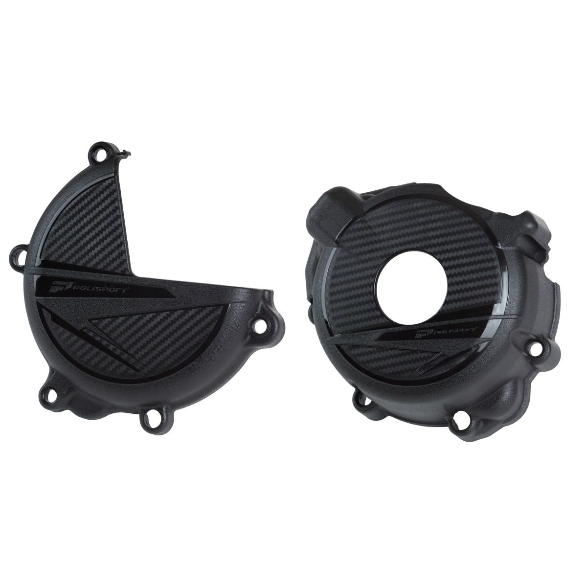 Black Polisport clutch and ignition cover protectors with a textured carbon fiber design, specifically designed for Suzuki DRZ400 models from 2000 to 2023.