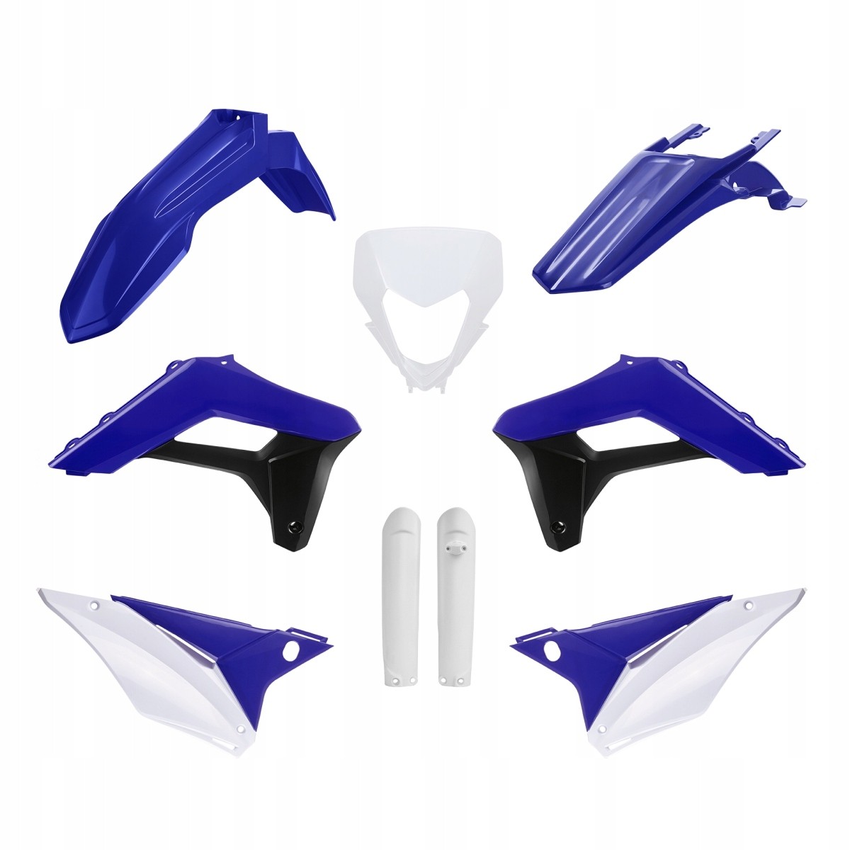 Polisport Plastics Kit for Sherco SE-R/SE-F 2024 featuring blue and white plastic body panels, including fenders, side panels, and a front number plate.