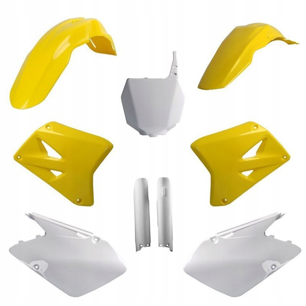 Polisport Plastics Kit for Suzuki RM 125/250 (2007-2008) featuring bright yellow fenders and white side panels, made from durable plastic for enhanced performance and aesthetics.