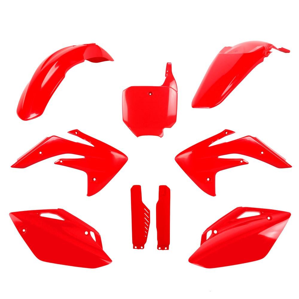 Bright red plastic bodywork kit for Honda CRF150R (2007-2025), including fenders, side panels, and a front number plate, showcasing a glossy finish and sleek design.