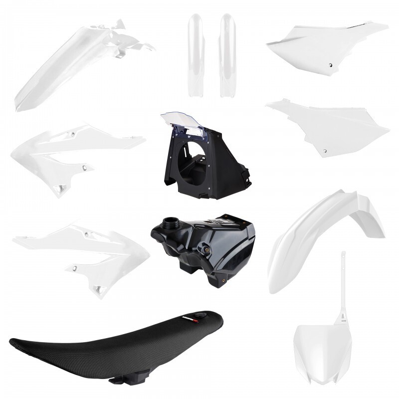 POLISPORT Plastic Restyling Kit featuring various motorcycle plastic components in white and black, including fenders, side panels, a seat, and a fuel tank cover.