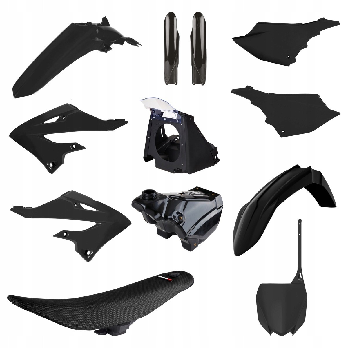 POLISPORT Plastic Restyling Kit featuring various black plastic motorcycle body parts, including fenders, side panels, a fuel tank, and a textured seat cover.