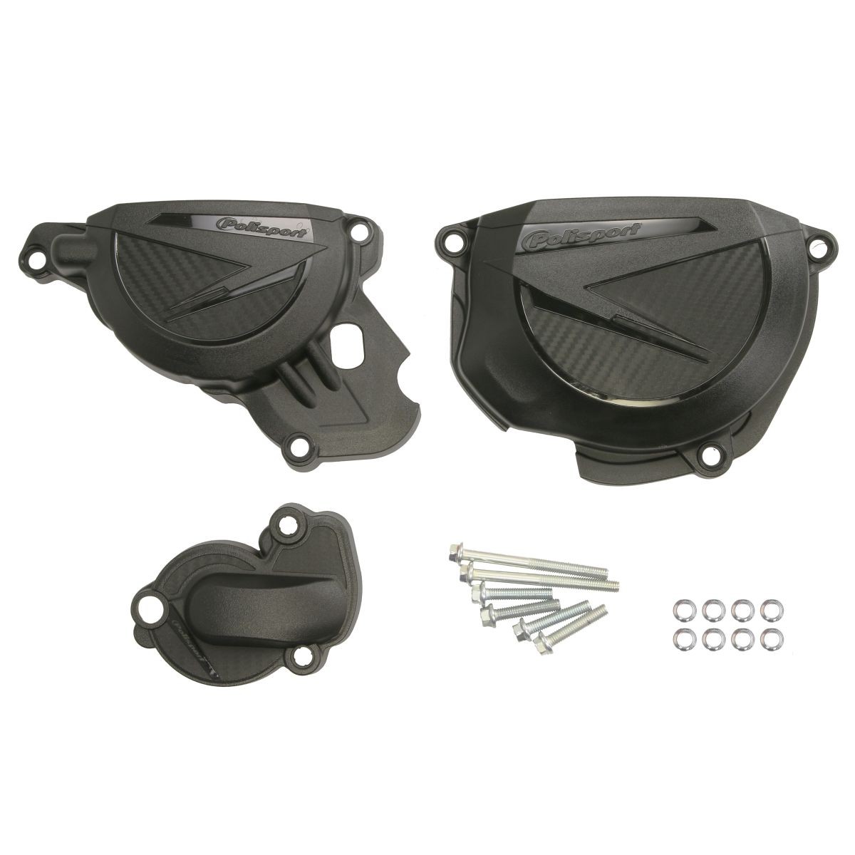 Black Polisport clutch and ignition cover protectors for Beta RR 350/480 (2020-2025), featuring a sleek design with a textured finish, accompanied by screws and washers.