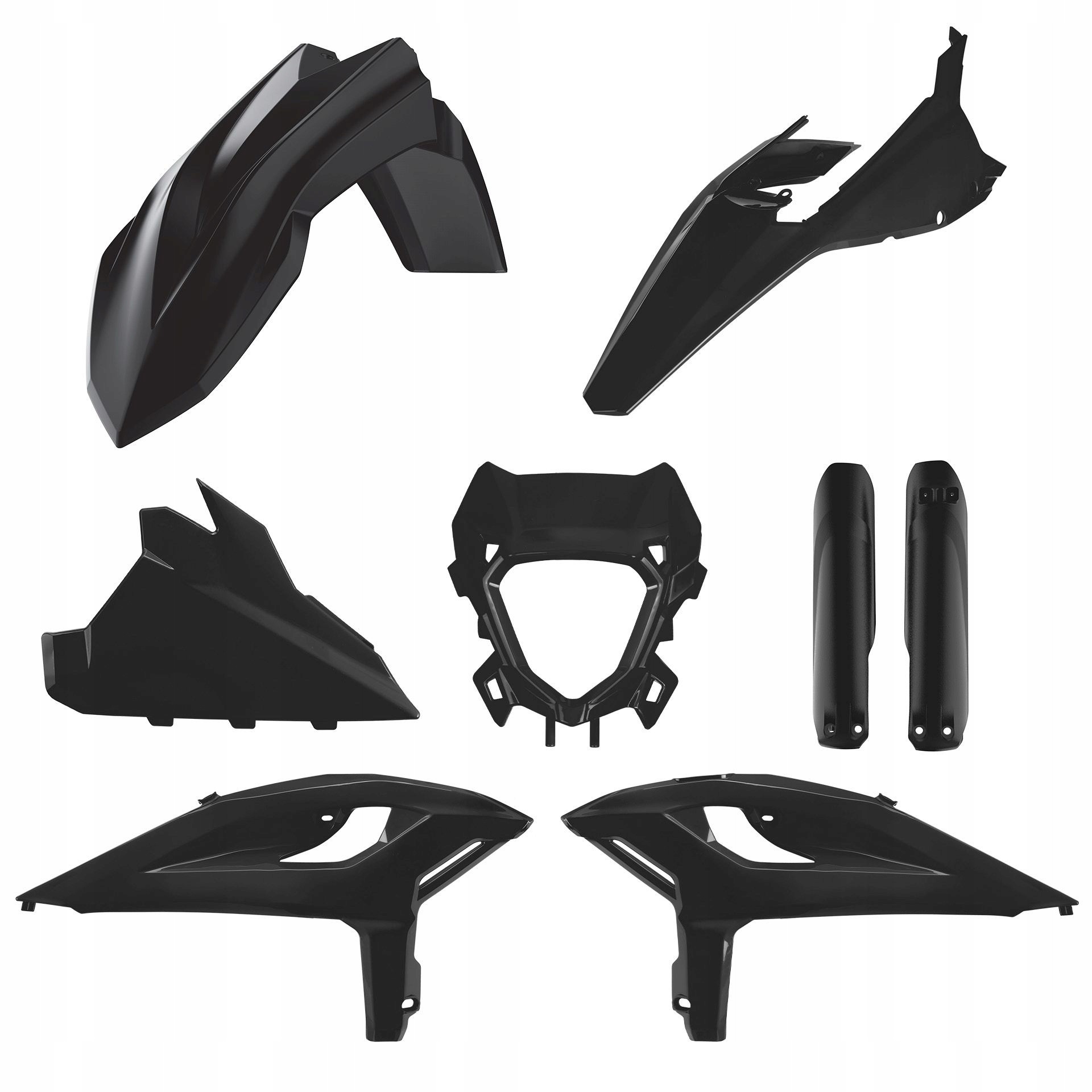Black plastics kit for Beta RR & X-Pro 125/250/300/350/480 (2025-2026), featuring various components including fenders, side panels, and a headlight cover, all made from durable plastic.