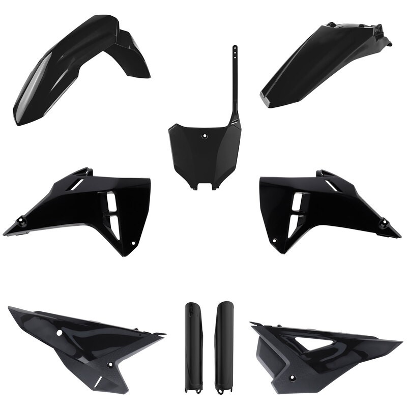Black plastic kit from Polisport, featuring various motorcycle body panels including fenders, side panels, and a rear cover, all with a glossy finish and sleek design.