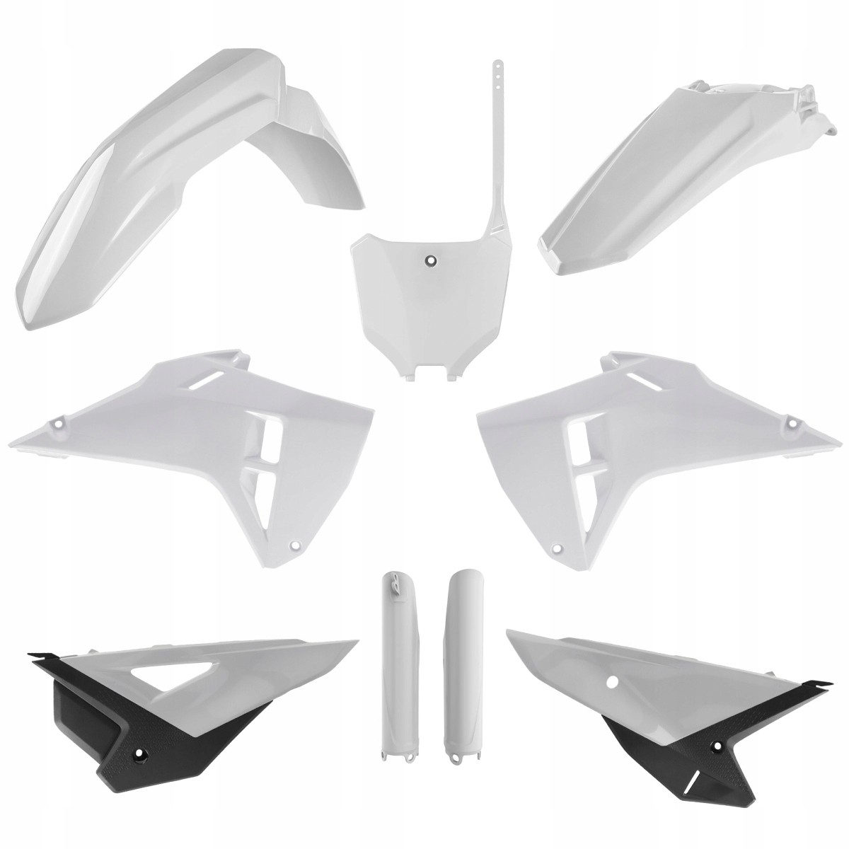 White plastic restyle bodywork kit for Honda CRF250R (2022-24) and CRF450R (2021-24), featuring sleek lines and a modern design, including fenders, side panels, and a rear number plate.