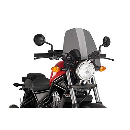 Puig New Generation Touring Screen in dark smoke for Honda CMX500 Rebel, featuring a sleek design, mounted above handlebars, with a clear view of the headlight and mirrors.
