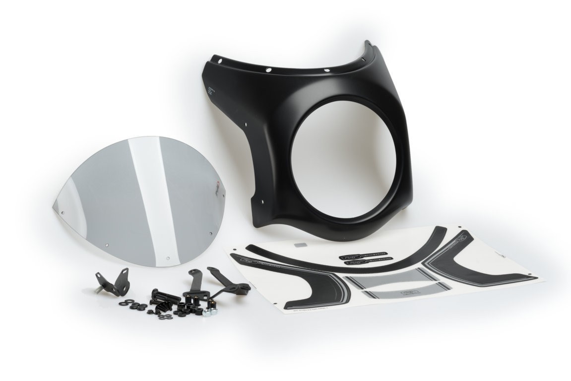Black semi fairing with a circular opening, light smoke screen, and mounting hardware, designed for the Mash Black Seven motorcycle, featuring a sleek retro style.