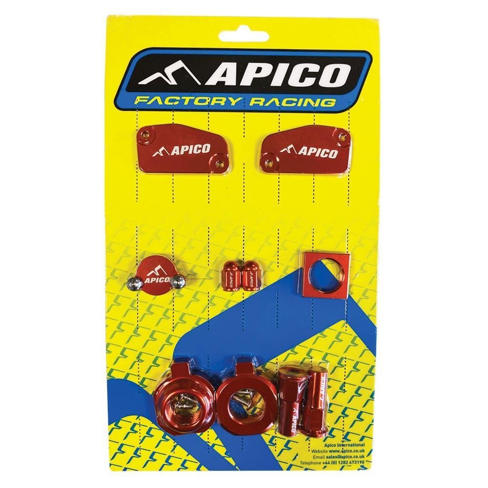 Bright orange and red Apico Factory Bling Pack featuring various motorcycle accessories, including grips, caps, and guards, designed for KTM SX85, Husqvarna TC85, and Gas Gas MC85 models.