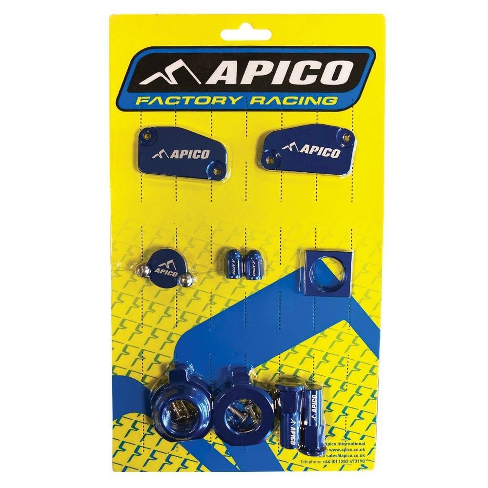 Blue Apico Factory Bling Pack featuring various motorcycle accessories, including covers and mounts, designed for KTM SX85, Husqvarna TC85, and Gas Gas MC85 models from 2021-2023.