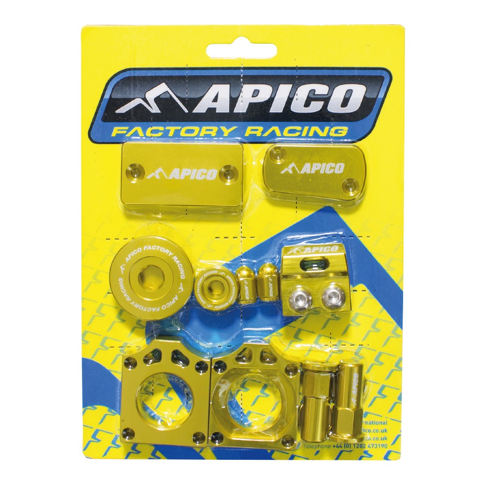 Gold aluminum motorcycle bling pack by Apico, featuring various components including caps and spacers, designed for Suzuki RMZ250 (2007-2023) and RMZ450 (2005-2023).