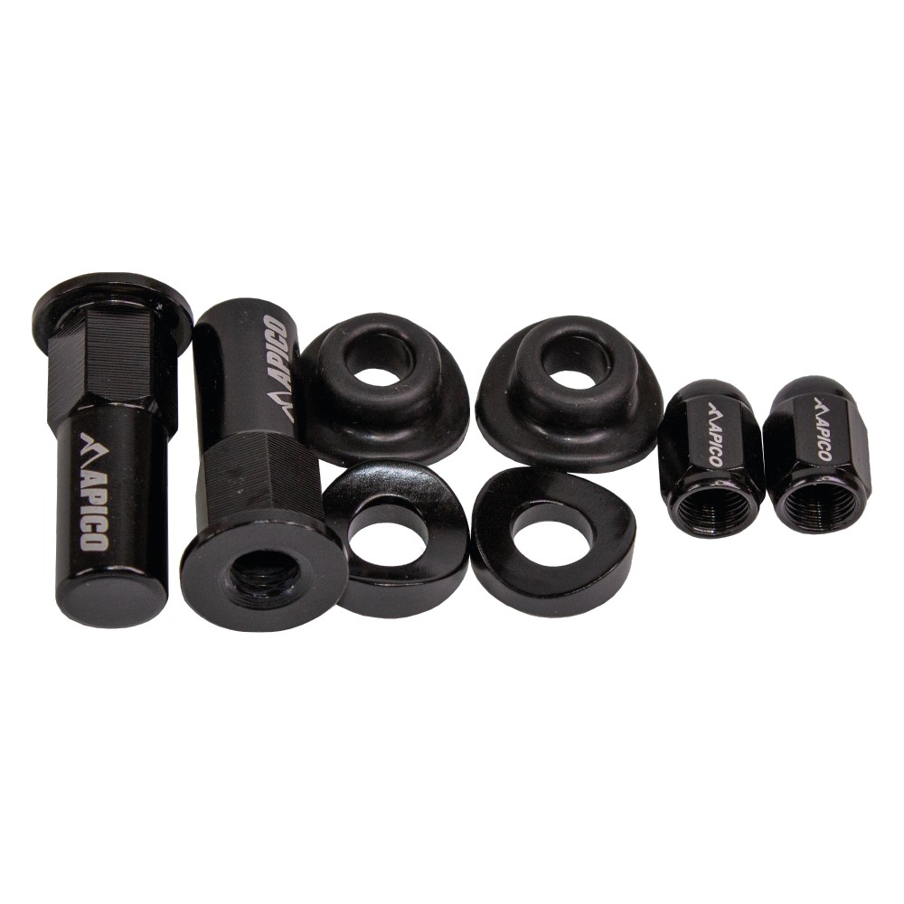 Black aluminum wheel bling pack featuring various components including nuts, spacers, and washers, all branded with the Apico logo for enhanced durability and style.