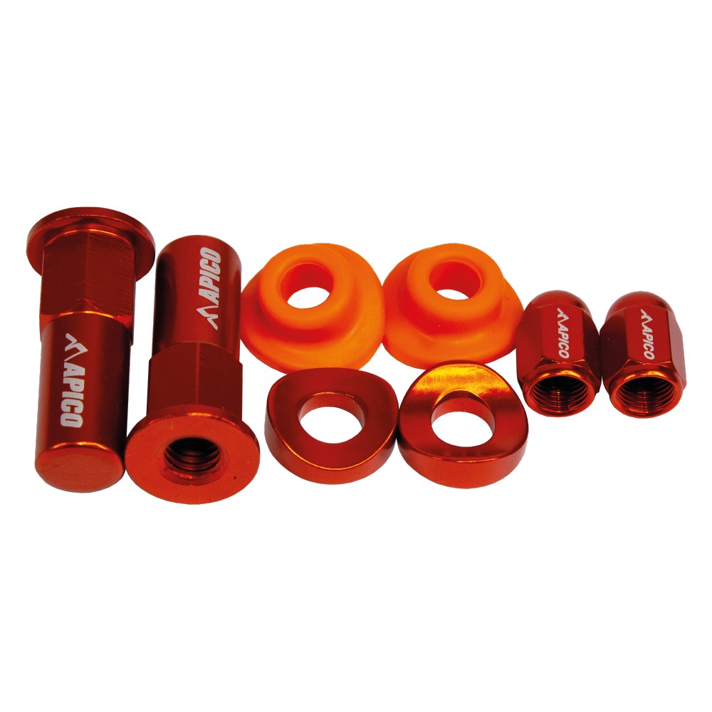 Bright orange aluminum wheel bling pack featuring bolts, nuts, and spacers, all branded with "APICO" for enhanced motorcycle aesthetics.