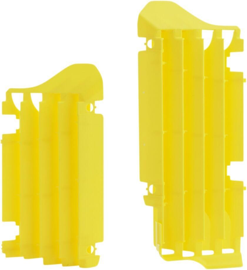 Yellow UFO radiator louvres designed for Suzuki RMZ250 models from 2019 to 2025, featuring a durable plastic construction with a ribbed design for improved airflow.
