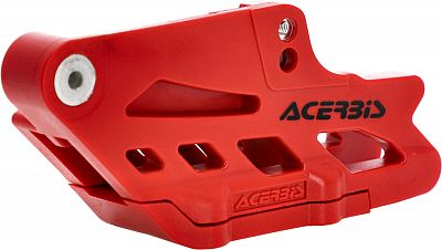 Red plastic chain guide with a sleek design, featuring the "ACERBIS" logo, ventilation slots, and a mounting hole, compatible with Gas Gas, Husqvarna, KTM, and Sherco motorcycles.
