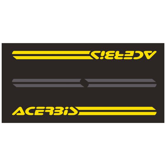 Black carpet featuring bold yellow and grey Acerbis branding, designed for motorcycle enthusiasts, with a durable material suitable for various surfaces.