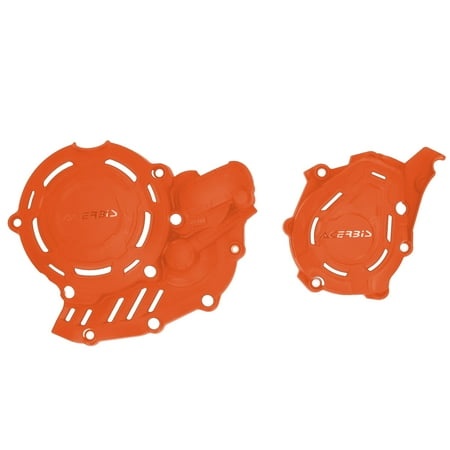 Bright orange plastic X-Power Kit by Acerbis for KTM, Gas Gas, and Husqvarna, featuring two protective covers with intricate cutouts and a sleek design for enhanced durability.