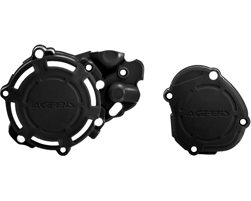Black plastic engine cover kit featuring two pieces with a textured finish and embossed Acerbis logo, designed for durability and protection.