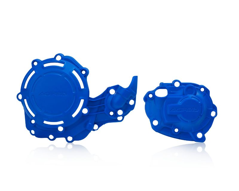 Bright blue plastic X-Power Kit by Acerbis for Yamaha, featuring two engine covers with intricate designs and multiple mounting points for easy installation.