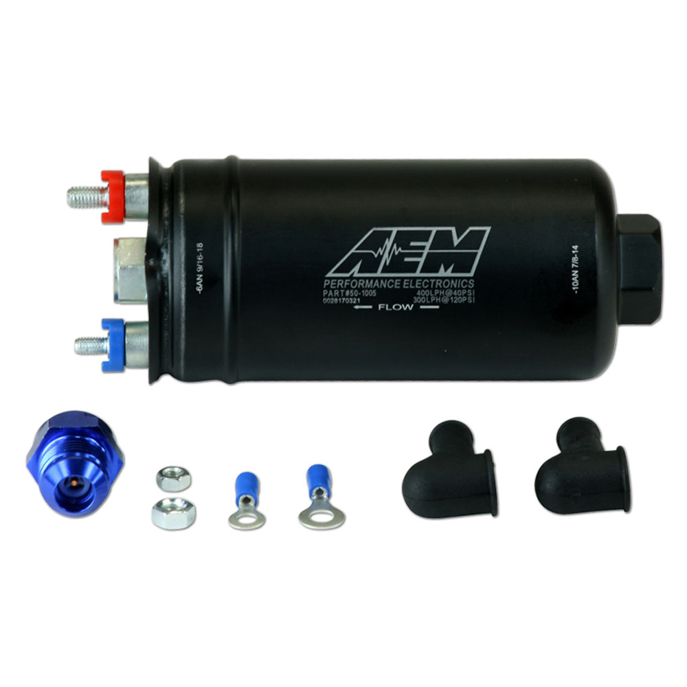 Black electric fuel pump with red and blue connectors, featuring a cylindrical body, accompanied by two rubber caps, two metal washers, and a blue anodized fitting.