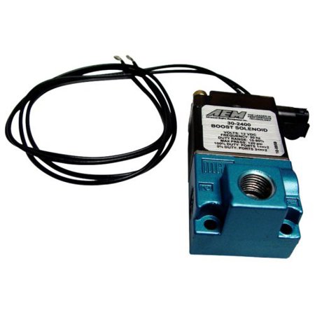 AEM 30-2400 Boost Control Solenoid Kit features a metallic blue body with a black connector and two wires, labeled with specifications for performance tuning.