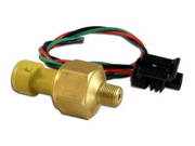 Brass pressure sensor with a yellow plastic connector and attached red and green wires, designed for measuring up to 100 PSIg, featuring a threaded male fitting.