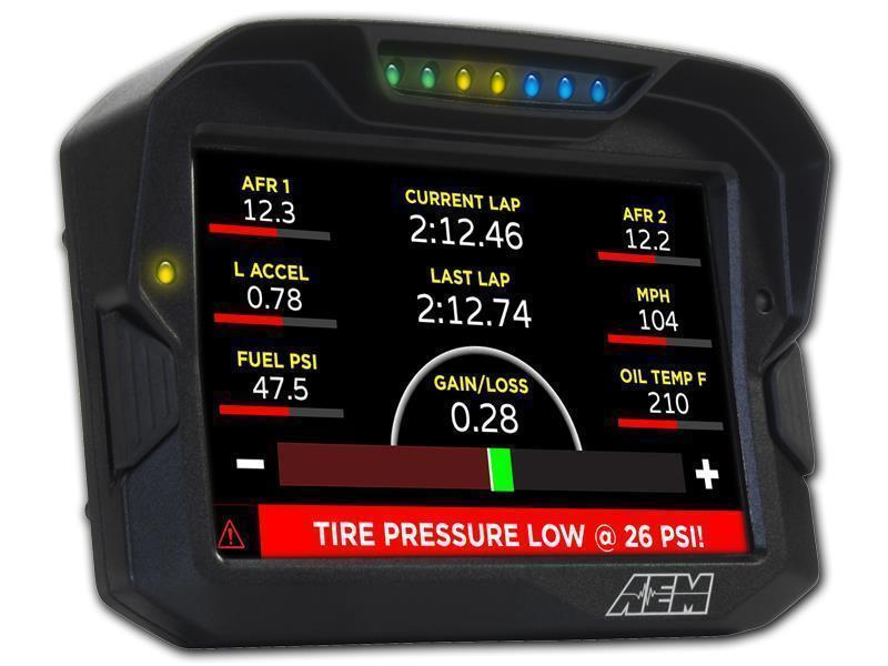 AEM 30-5603 CD-5LG digital dash display features a black casing, vibrant color screen, and multiple gauges for metrics like AFR, lap time, and tire pressure alerts.