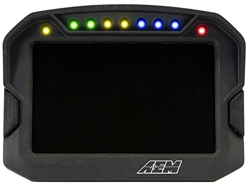AEM 30-5601 CD-5L Carbon Logging Digital Dash Display features a sleek black frame, a large dark screen, and five colored indicator lights at the top.