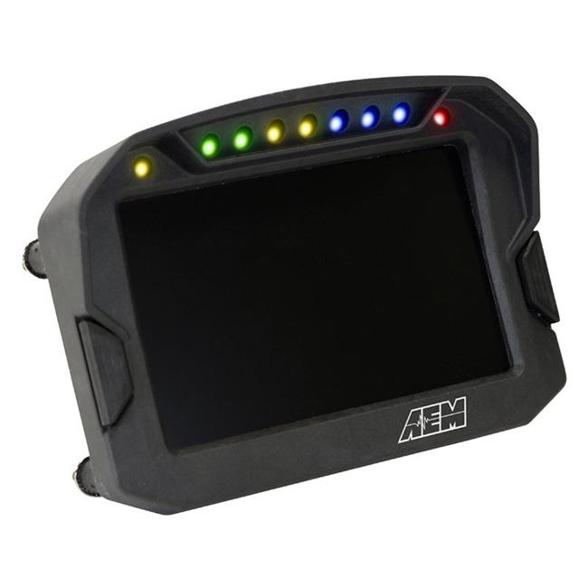 AEM 30-5600 CD-5 Carbon digital dash display features a sleek black casing, a large screen, and colorful LED indicator lights at the top for performance monitoring.