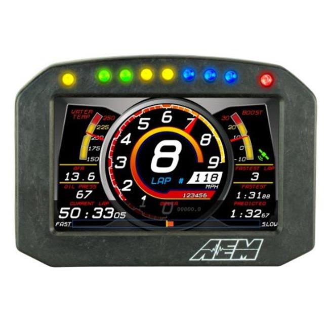 AEM 30-5602F CD-5G digital dash features a carbon fiber finish, a vibrant LCD display with multiple gauges, and LED indicator lights in various colors for performance monitoring.