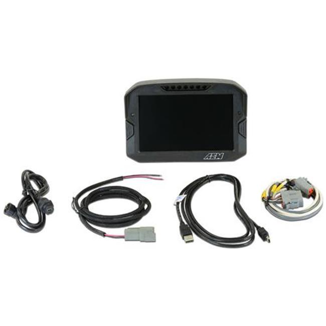 AEM 30-5701 Digital Dash Display features a sleek black casing with a large screen, accompanied by various wiring harnesses and connectors for installation.