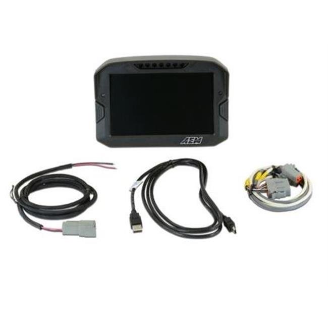AEM 30-5700 CD-7 Non-Logging Race Dash features a sleek black casing with a large display, accompanied by various wiring harnesses and connectors for installation.