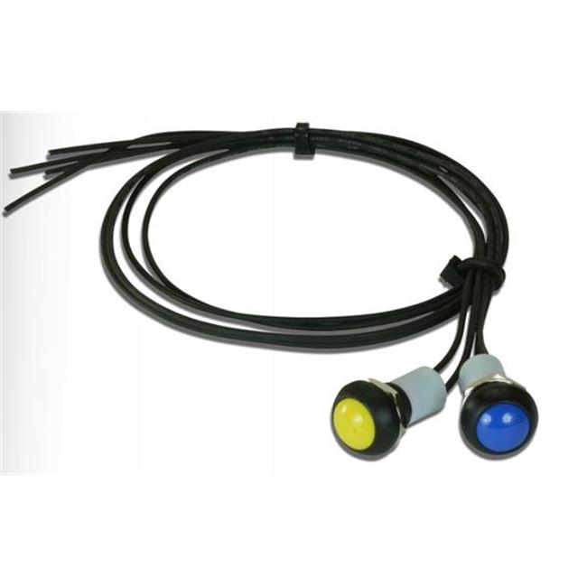 External button kit featuring two buttons, one yellow and one blue, with a sleek black housing and flexible wires for easy installation, designed for AEM Carbon Dashes.