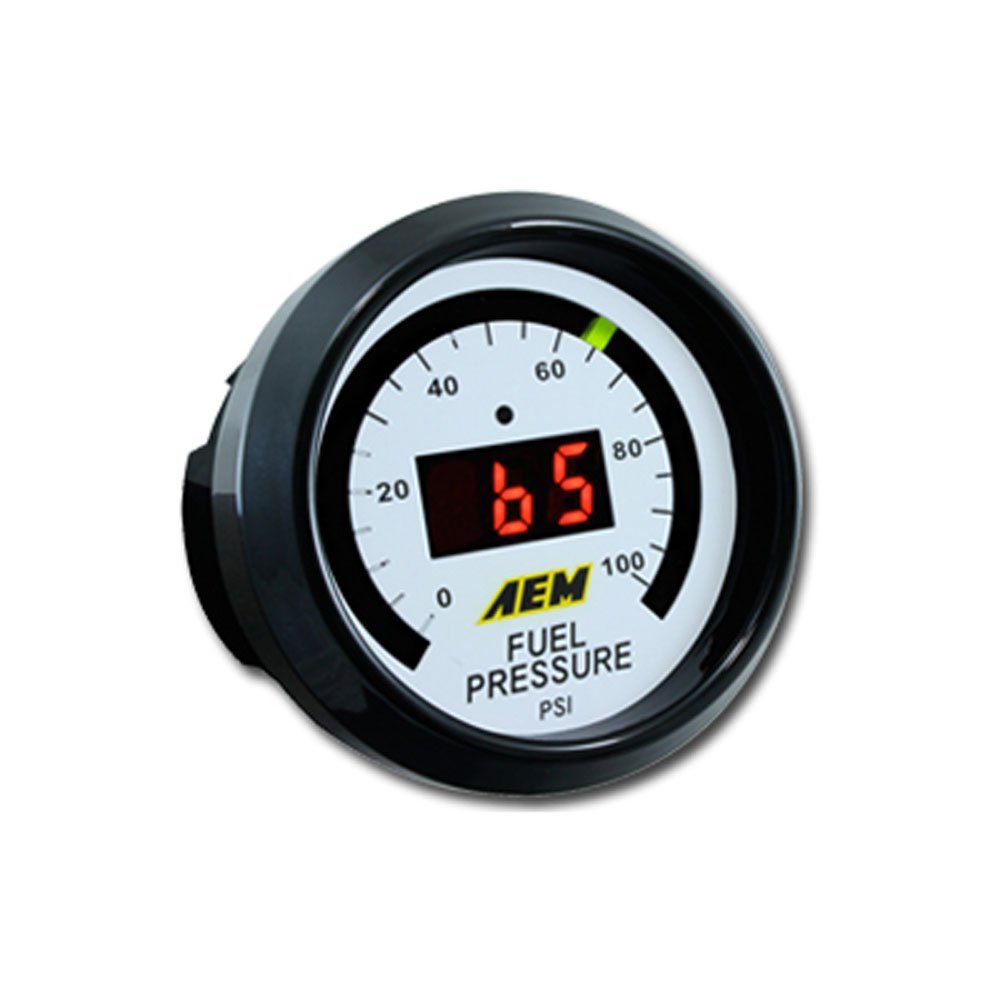 AEM 30-4401 digital fuel pressure gauge features a black circular casing, white dial with black markings, a bright red digital display, and measures pressure in PSI up to 100.