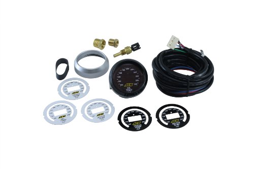 AEM Electronics gauge set featuring a black dial for oil, trans, and water temperature, with various mounting hardware, sensor fittings, and interchangeable faceplates.