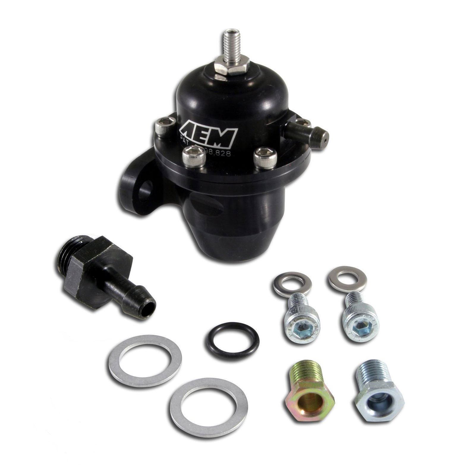 AEM Electronics fuel pressure regulator in black aluminum, featuring a top-mounted inlet, along with assorted metal fittings, washers, and bolts in various colors.