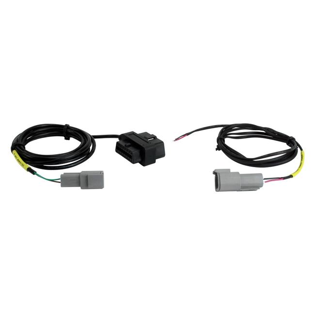 Black plug and play adapter harness with two gray connectors and wires, designed for the AEM 30-2217 CD Digital Dash Display, featuring labeled connections for easy installation.