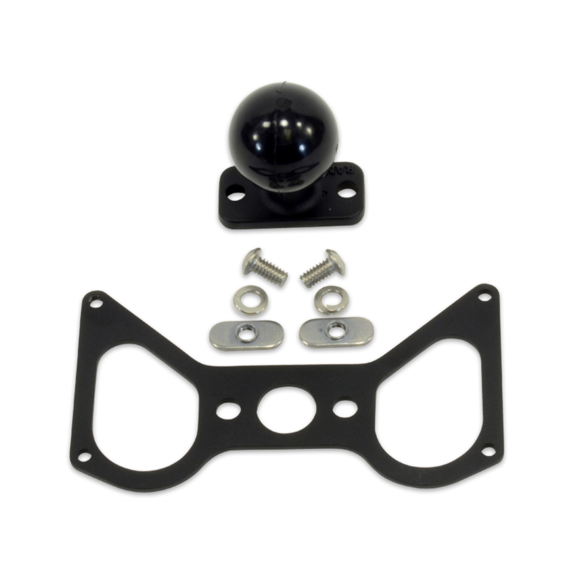 Black carbon mounting bracket with a RAM ball and accompanying screws, featuring a durable design and multiple mounting holes for secure installation.