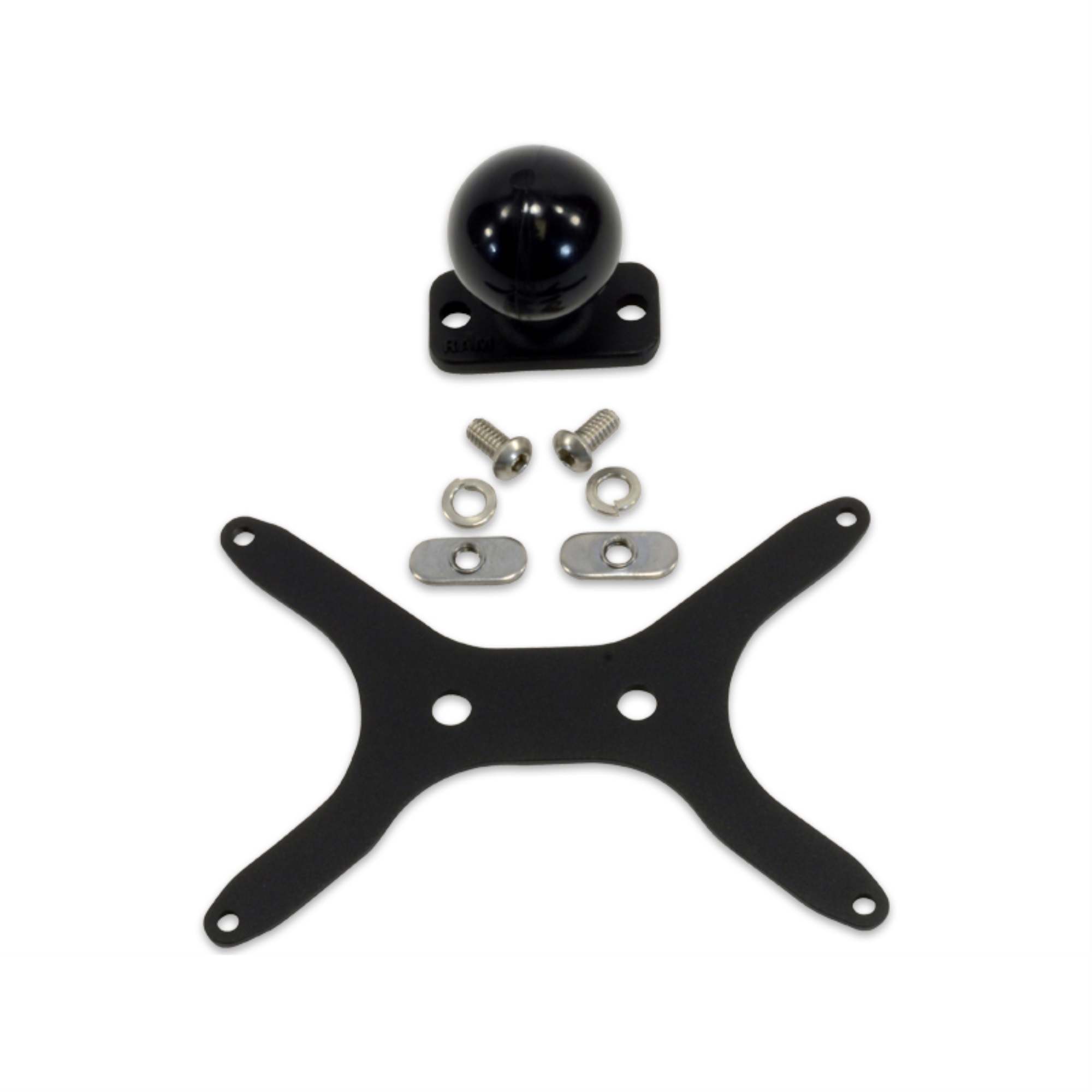 Black carbon mounting bracket with a RAM ball, accompanied by screws and washers, designed for secure attachment of devices.