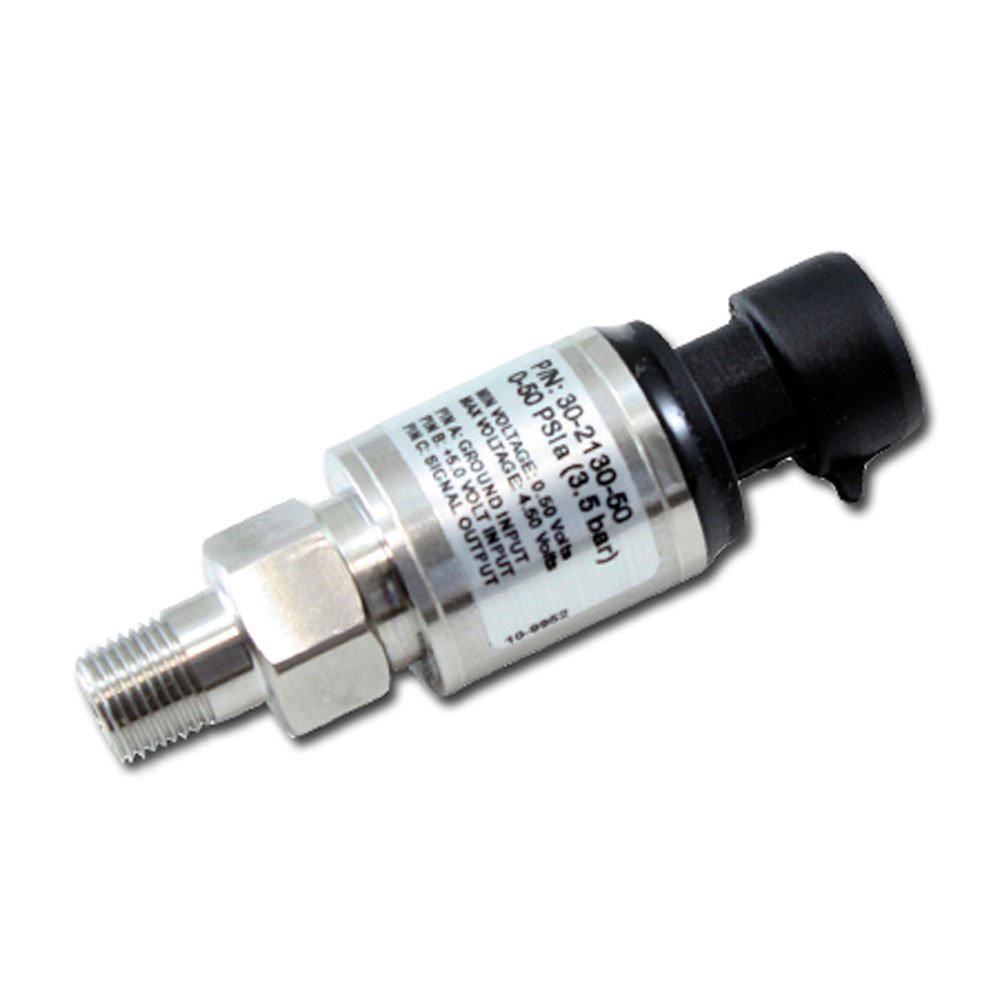 AEM Electronics Manifold Absolute Pressure Sensor featuring a metallic body, black plastic connector, and a label with specifications, designed for high-performance applications.