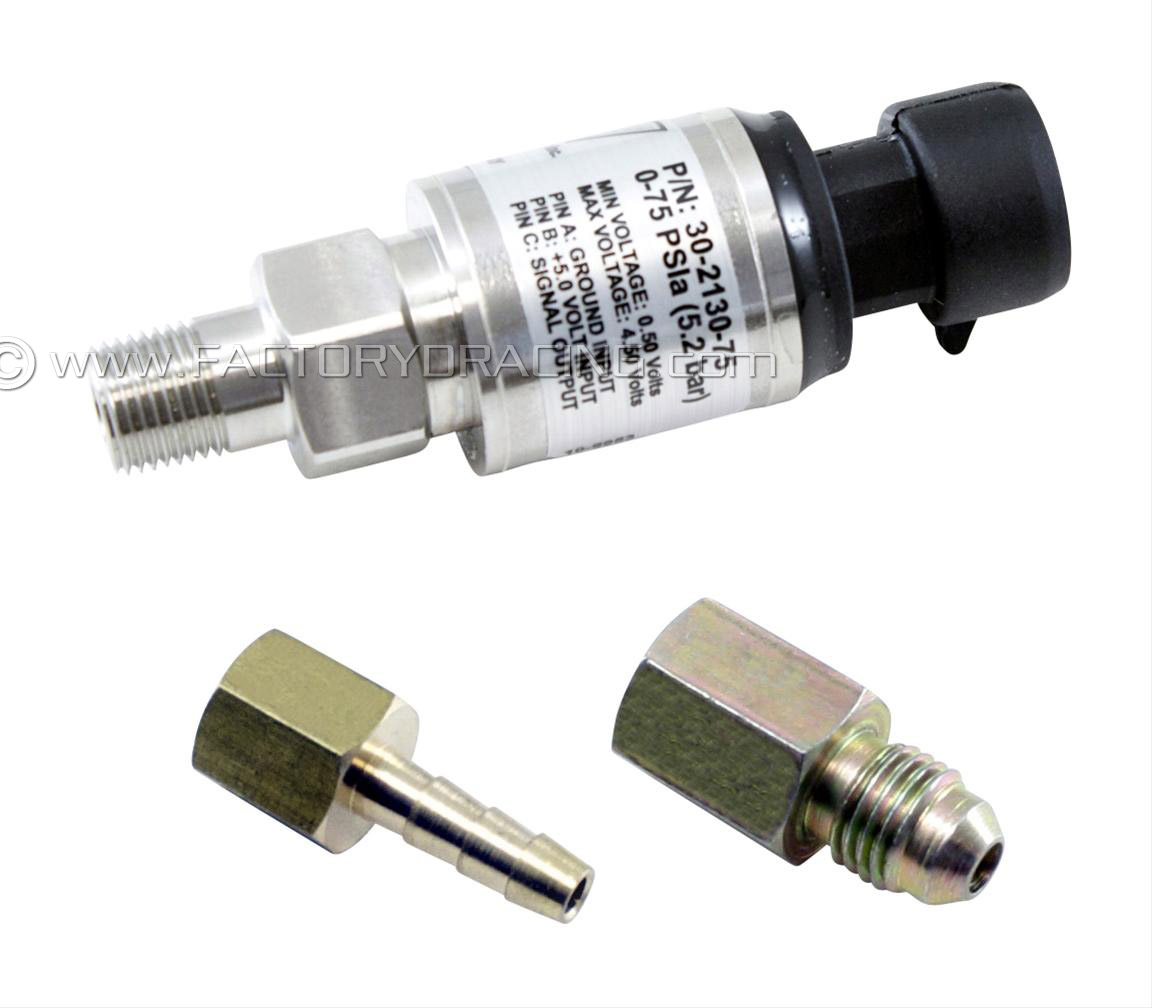 Manifold Absolute Pressure Sensor by AEM Electronics, featuring a metallic body, black connector, and two brass fittings for installation.
