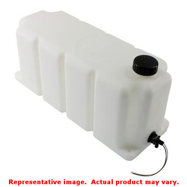 White, rectangular 5-gallon tank with a black cap and a side outlet, designed for water/methanol injection systems, featuring a durable plastic construction.