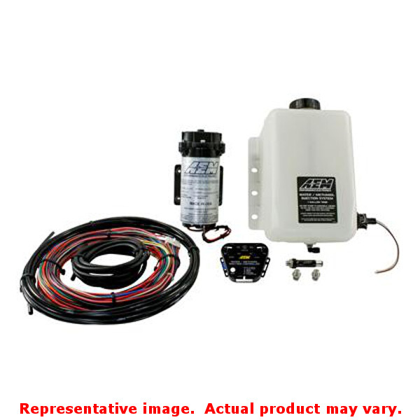 AEM 30-3350 V2 Water/Methanol Injection Kit featuring a white reservoir tank, black pump, wiring harness, and a control unit, designed for performance enhancement.