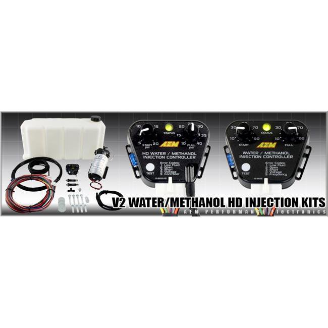AEM 30-3351 V2 Water/Methanol Injection Kit includes a white reservoir tank, black injection controller, pump, hoses, and various fittings for enhanced engine performance.