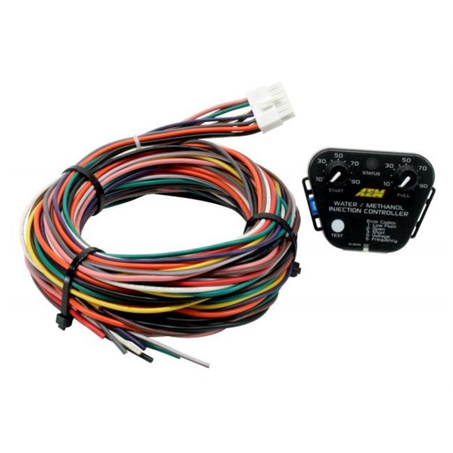 AEM 30-3305 V2 Water/Methanol Multi Input Controller Kit featuring a black control panel with labeled dials and a bundle of colorful wires for installation.