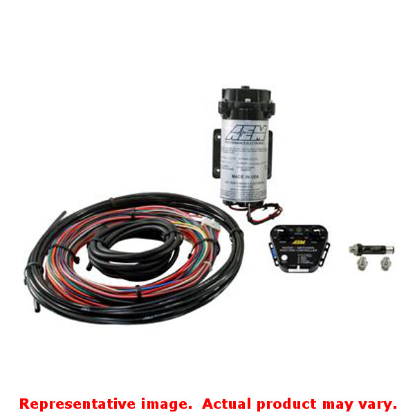 AEM 30-3352 V2 Water/Methanol Nozzle and Controller Kit featuring a black pump, wiring harness with multiple colored wires, and a compact controller unit.